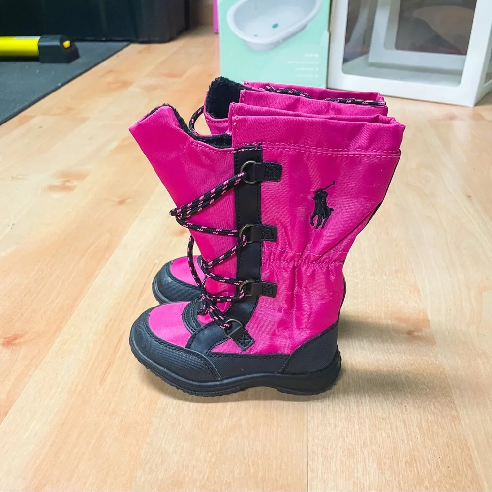 Polo Ralph Lauren Pink Black Knee Height Rubber Sole Rain Boots Toddler Size 5